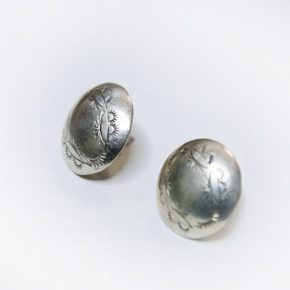 Native American Signed Silver Round Post Earrings